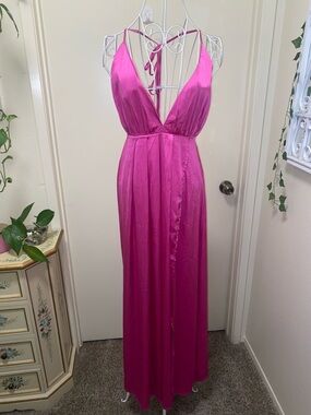 Plunging Halter High-Low Maxi Dress in Hot Pink